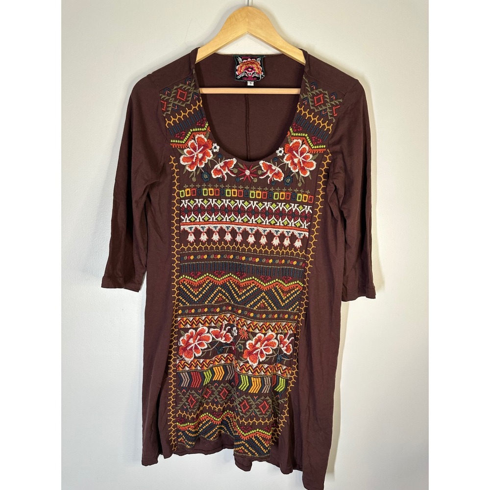 Johnny Was Embroidered Floral Tunic Mini Dress Womens Size S Boho Hippie Folk
